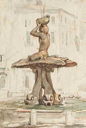 《罗马及周边景观专辑》，景观研究，第17a页：罗马福田`Album with Views of Rome and Surroundings, Landscape Studies, page 17a: Roman Fountian by Franz Johann Heinrich Nadorp
