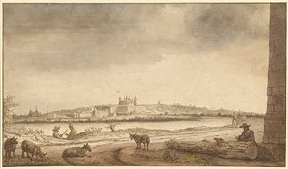 卢瓦尔河对岸的索穆尔镇和城堡`The Town and Castle of Saumur from across the Loire (1670) by Lambert Doomer