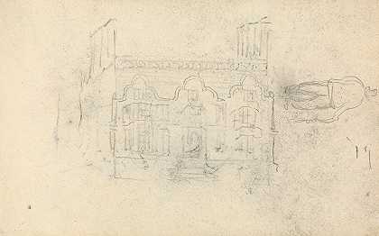 房子的正面和一个拄着拐杖的男人的素描`Facade of a House and Sketch of a Man With a Cane by Thomas Bradshaw
