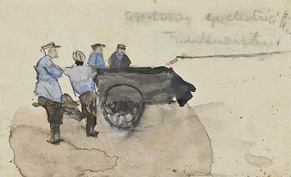 四个工人推着一辆手推车`Vier werklieden met een kar (1860 ~ 1921) by Adolf le Comte