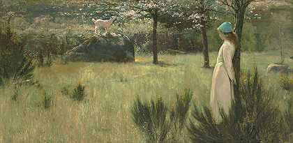 年轻的牧羊女和她的山羊在春天的牧场上`The young shepherdess and her goat in a springtime pasture by Edwin Sherwood Calvert