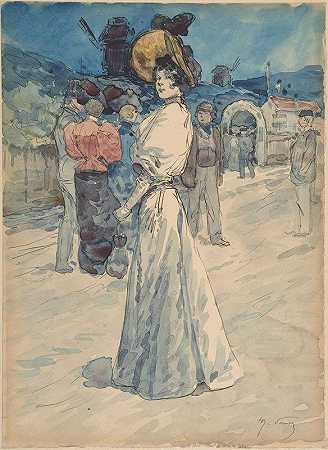 加莱特磨坊外的巴黎人`A Parisienne Outside the Moulin de la Galette (1844–1907) by Henri Somm