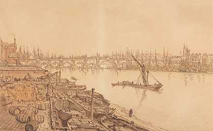 旧伦敦桥景观`View of Old London Bridge (1825) by William Henry Hunt