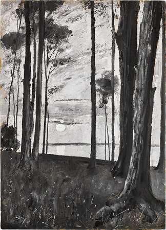 湖`Lake by Moonlight (1890) by Moonlight by Lesser Ury