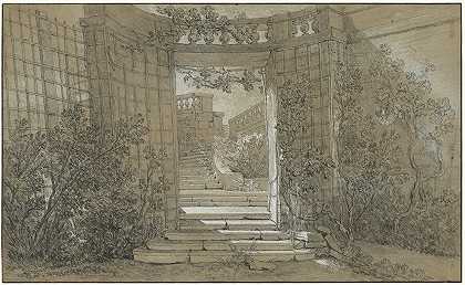 带有楼梯和栏杆的景观`Landscape with a Staircase and a Balustrade (1744–1747) by Jean-Baptiste Oudry