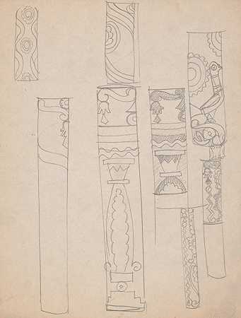 纽约克里隆餐厅的设计草图。列的详细信息`Design sketches for Crillon Restaurant, New York, NY. Details of columns (1919) by Winold Reiss