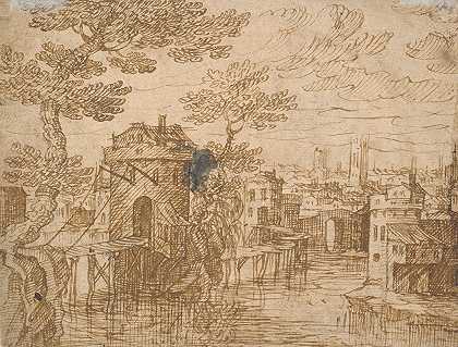 河流上的城市景观`Landscape with a City on a River (ca. 1615) by Hermann Weyer
