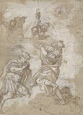 两个士兵圣徒崇拜着主人`Two Soldier Saints Adoring the Host (c. 1690) by Michael Wenzel Halbax