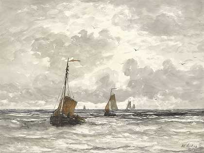 船上的渔船`Fishing Boats on the Breakers (1841 ~ 1915) by Hendrik Willem Mesdag