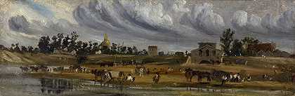 塞纳河畔，靠近Champ de Mars的Cunette屏障`Bords de Seine à la barrière de la Cunette, près du Champ~de~Mars (1820) by Paul Huet