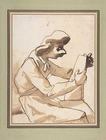 一个坐着看书的男人的漫画`Caricature of a Seated Man Reading (1612–66) by Pier Francesco Mola