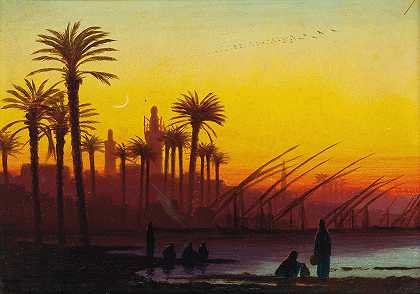 尼罗河上的日落`Sunset over the Nile by Charles Théodore Frère