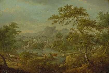一幅想象中的风景，有一辆马车和一座城镇的远景`An Imaginary Landscape with a Wagon and a Distant View of a Town by Thomas Smith of Derby