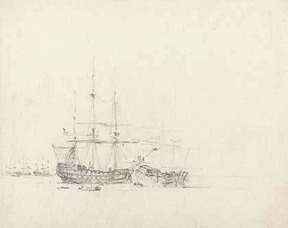 两船抛锚`Two Ships at Anchor (1803) by John Constable