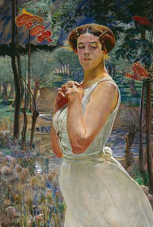 一个女人的肖像画映衬着一片罗文贝里树林`Portrait of a woman against a rowanberry grove (1917) by Jacek Malczewski