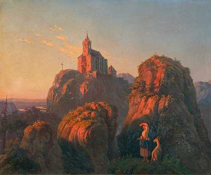 夜景与教堂`Landschaft mit Kirche am Abend (1845) by Emil Ludwig Löhr