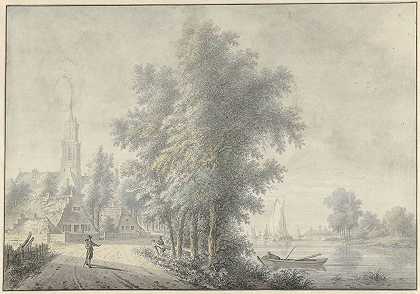 带教堂塔的村庄景观`Gezicht op een dorp met kerktoren (1758 ~ 1815) by Nicolaas Wicart