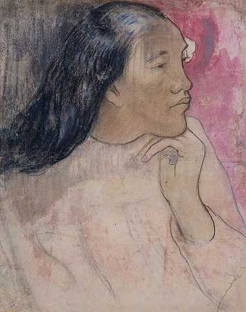 一位塔希提女子头发上插着一朵花`A Tahitian Woman with a Flower in Her Hair (1891–92) by Paul Gauguin
