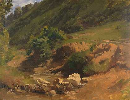 溪底陡坡`Steiler Hang mit Bachgrund (1843) by Heinrich Dreber