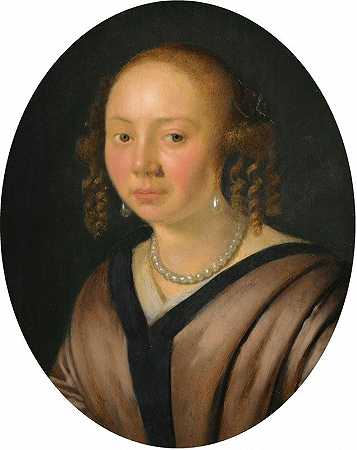 一位女士的肖像，头和肩，戴着珍珠耳环和项链`Portrait Of A Lady, Head And Shoulders, Wearing Pearl Earrings And A Necklace by Pieter Cornelisz van Slingelandt