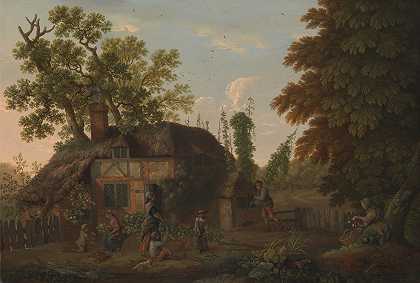 在小屋外跳捡东西的人`Hop Pickers Outside a Cottage (mid~18th century) by George Smith
