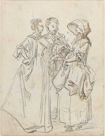 三位女士在聊天`Three Ladies Chatting by Hubert Robert