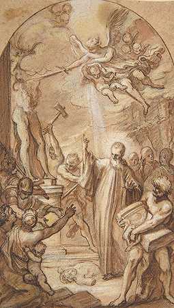 圣本笃会下令摧毁蒙特卡西诺的神像`Saint Benedict Orders the Destruction of Idols at Montecassino (1694–1759) by Gaspare Serenario