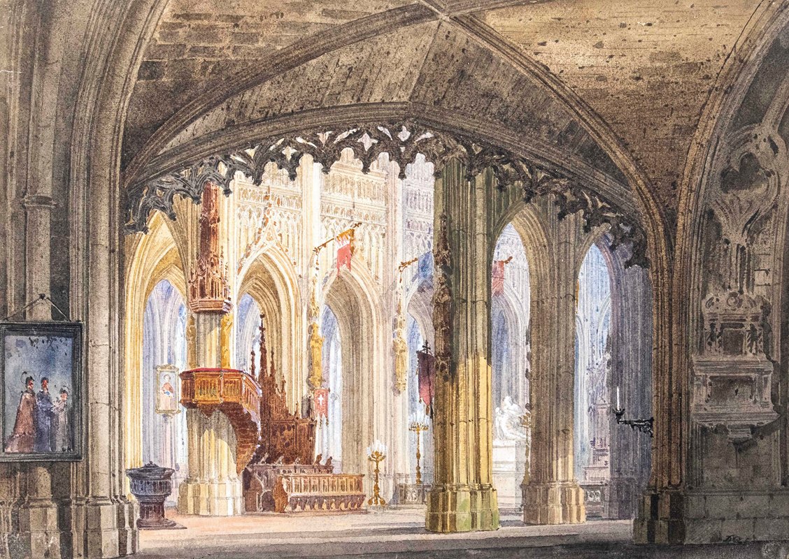 哥特式大教堂中堂景观`Blick in das Langhaus einer gotischen Kathedrale by Domenico Quaglio
