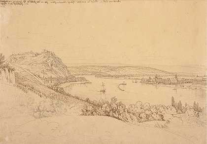 科布伦茨的莱茵河和埃伦布雷茨坦要塞景观（雷克托）海德堡城堡景观`View of Koblenz with the Rhine and Fortress Ehrenbreitstein (recto); View of the Heidelberg Castle (1815) by Johann Adam Klein