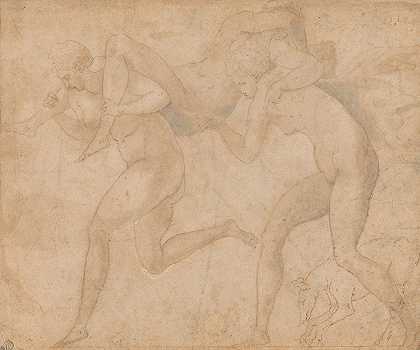 两个仙女带着第三个`Two Nymphs Carrying a Third (ca. 1547) by Francesco Primaticcio