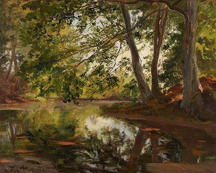 伯恩里德附近的池塘`Weiher Bei Bernried (1878) by Phillip Röth