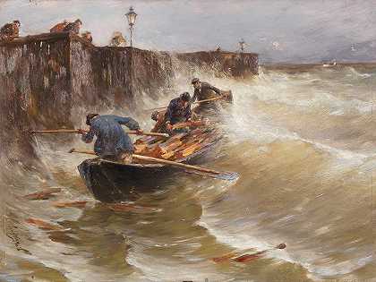 木材渔民在康斯坦斯湖上危险着陆`Gefährliche Anlandung der Holzfischer am Bodensee (Ca. 1885~1890) by Joseph Wopfner