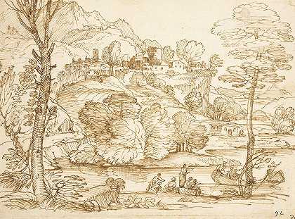 河流和人物景观`Landscape with River and Figures (1600 ~ 1699) by Giovanni Francesco Grimaldi