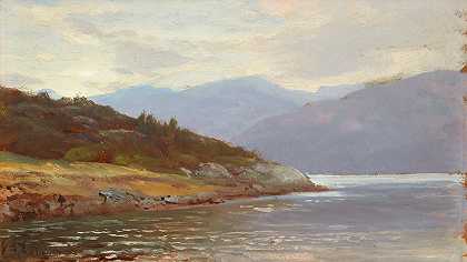 向西看，挪威（湖景）。`Looking Westward, Norway (Lake Scene). by William Trost Richards