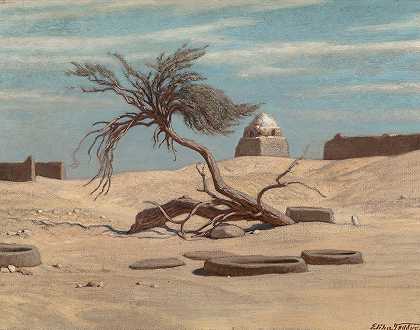 在去埃及泰尔阿尔马诺的路上，树和坟墓`Tree and Graves on the Way to Tel El Armano, Egypt (circa 1890) by Elihu Vedder
