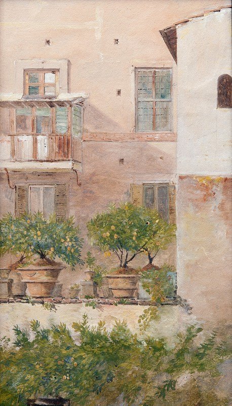 意大利语学习。花盆里有柠檬树的露台`Italian Study. Patio with Lemon~Trees in Flowerpots by Lars Jacob von Röök