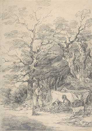 有牛和人物的风景乡村求爱的素描`Landscape with cattle and figures; sketch for the Rustic Courtship (1755–97) by Gainsborough Dupont