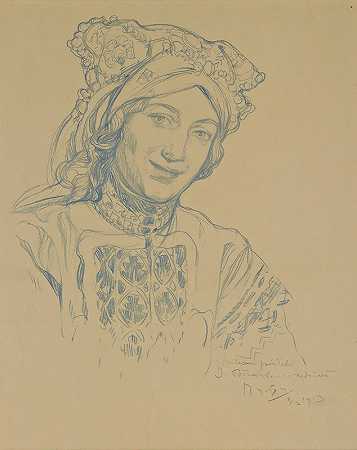 戴着民间头饰的年轻女子`Young woman with folk headdress (1913) by Alphonse Mucha