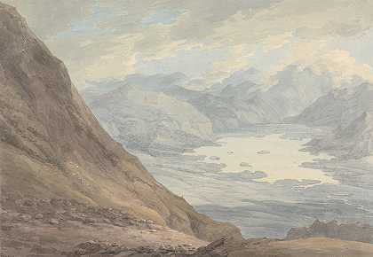 从斯基德道俯瞰德温特河`View from Skiddaw over Derwent Water (between 1772 and 1782) by Thomas Hearne