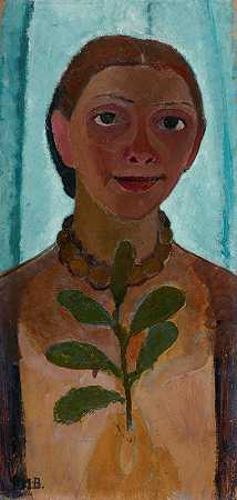 茶花枝自画像`Self~portrait with a camellia branch (circa 1906~1907) by Paula Modersohn-Becker