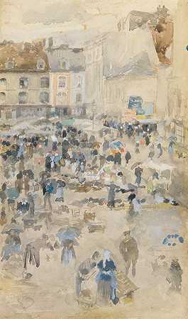 紫罗兰色和灰色市场的变化，迪耶普`Variations in Violet and Grey—Market Place, Dieppe (1885) by James Abbott McNeill Whistler