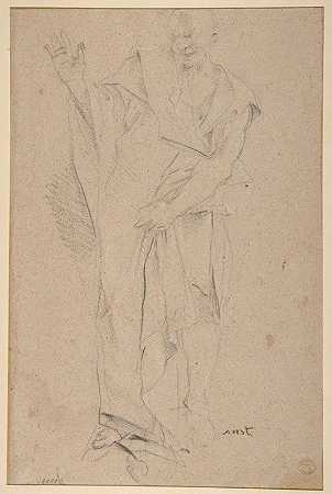 站在那里的一位老人，手垂着，左手举着`Standing Draped Old Man with Left Hand Upraised (1612–50) by Pietro Testa