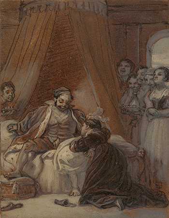 克里斯托弗·斯莱和佩奇，作为他的妻子`Christopher Sly and the Page, as His Wife (1821) by Robert Smirke