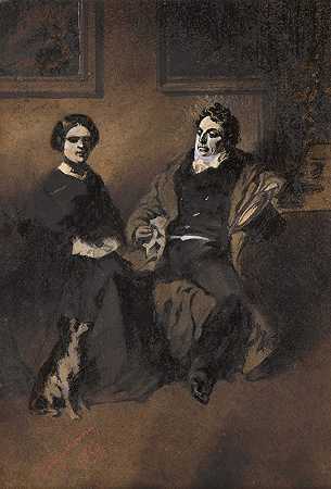 演员弗雷德·里克·莱马特与妻子和狗的肖像`Portrait of the actor Frédérick Lemaître with his wife and dog (1859) by Henry Bonaventure Monnier