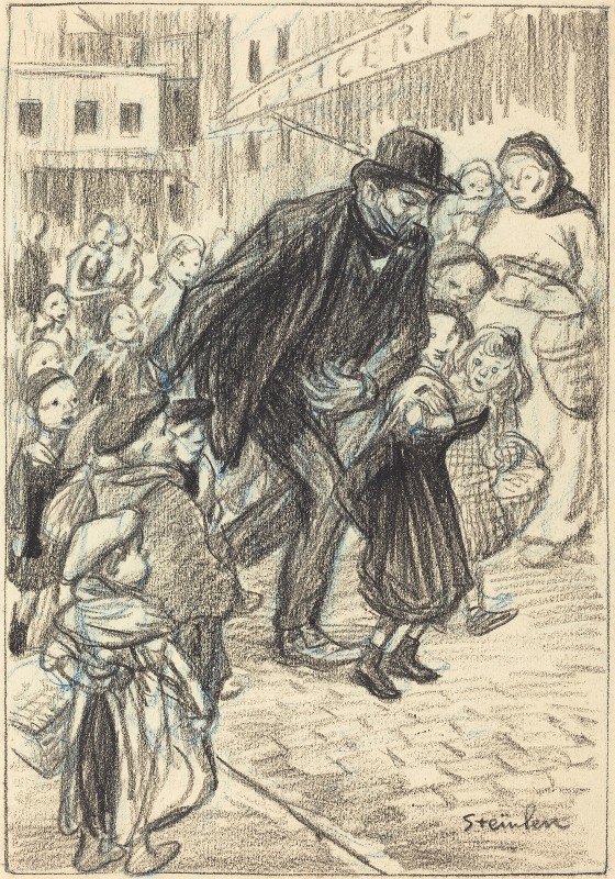 一名男子在城市街道上被包围`A Man on a City Street, Surrounded by Children (Un Père) by Children (Un Père) by Théophile Alexandre Steinlen