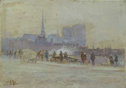 圣母院，码头景观市政厅`Notre~Dame, vue du quai de lHôtel~de~Ville (1900) by Eugène Louis Gillot