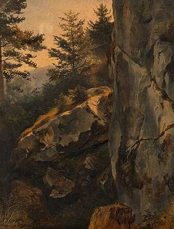 岩石表面景观（旱墙）`Landschaft mit Felswand (Dürre Wand) (ca. 1830) by Friedrich August Matthias Gauermann