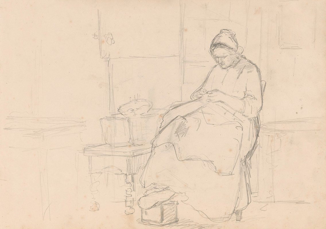 坐着做针线活的女人`Zittende vrouw met naaiwerk (1836 ~ 1896) by Hendrik Valkenburg
