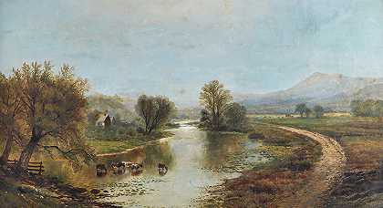 农场、河流、奶牛和山脉的全景景观`Panoramic Landscape with Farms, River, Cows and Mountains (1872) by Edmund Darch Lewis
