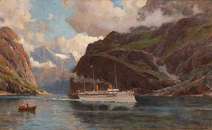 客船峡湾景观`Fjord Landscape with Passenger Ship by Henry Enfield